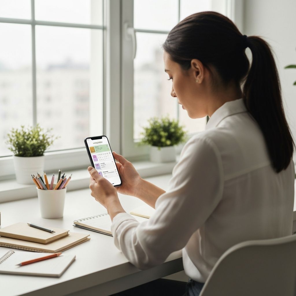 Професионалец, планиращ храна в смартфона, организирано планиране, записки и календар